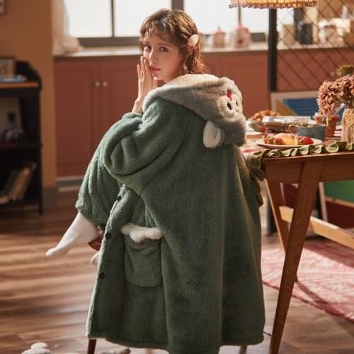 Set Pajamas Women Spring Coral Fleece Pajamas Women Winter Thickened Long Night Gown Korean Students Plush Bathrobe