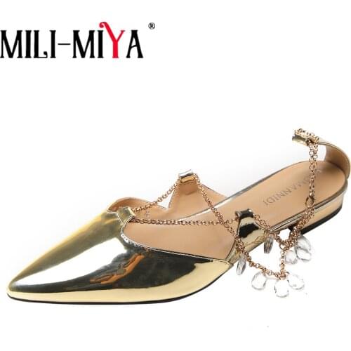 MILI-MIYA Fashion Pointed Toe Women Genuine Leather Flats Slip On Gold Color Comfortable Street Shoes Size 34-40 Handmade