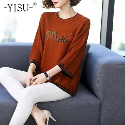 YISU Fashion Woman clothing Summer Loose Sweater O-Neck Solid color Middle sleeve Jumper Female Casual Loose Knitted Pullover