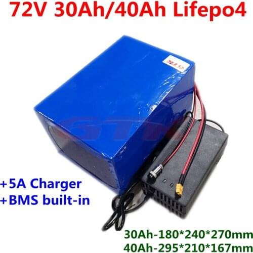 GTK rechargeable 72v 30ah 40ah Lifepo4 Lithium battey pack BMS 24S for motorcyce ecooter ebike+5A charger