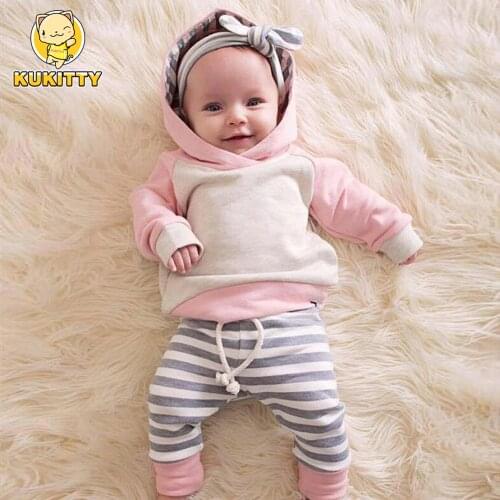Infant Toddler Baby Girls Clothing 3Pcs Set Outfits Long sleeve Hooded Sweatshirt Tops+Pants+Headband Newborn Clothes