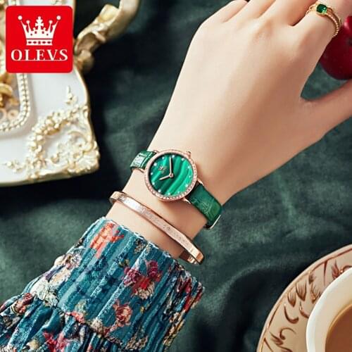OLEVS Luxury Small green Watch for Women Ultra-thin Ladies Clock Quartz Waterproof Wristwatch Bracelet gifts set Montre femme