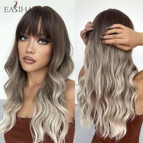EASIHAIR Medium Length Brown to Blonde Ombre Synthetic Wigs Women Natural Hair Wigs with Bangs Wavy Heat Resistant Cosplay Wig