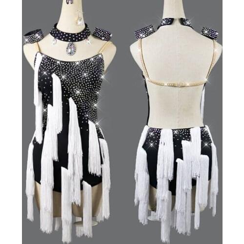 Latin Dance Competition Dress Women Sexy White Tassel Costume Rhinestone Dress Prom Party Latina Performance Clothing VDB3372