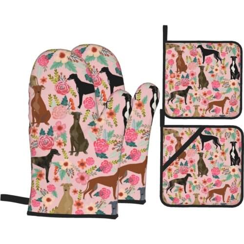 Oven Mitts And Pot Holders 4 Set Heat Resistant Kitchen Microwave Gloves Greyhound Flowers Pattern Baking Grilling Dropshipping