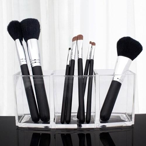Clear Acrylic Makeup Brush Holder Organizer 3 Grid Eyebrow Comb Pen Storage Rack