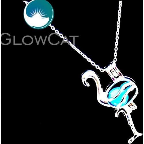 R-LL566 Bright Silver Long Leg Flamingos Beads Cage Essential Oil Diffuser Aromatherapy Pearl Cage Locket Necklace