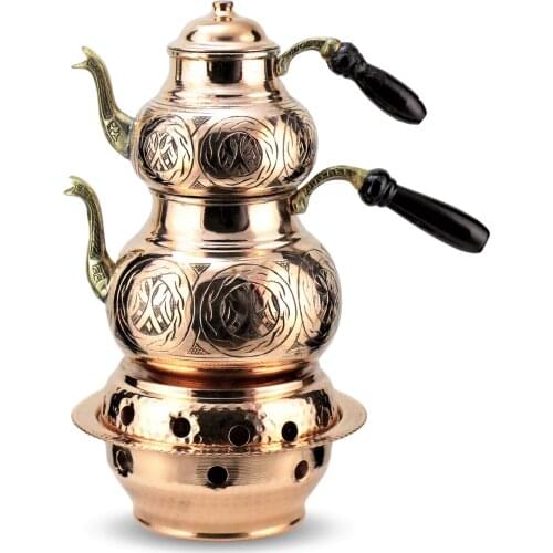 Hand Made Gasoline COPPER Traditional Made In Turkey Embroidered Chisel Red Copper Teapot and Medium Ottoman Quarry