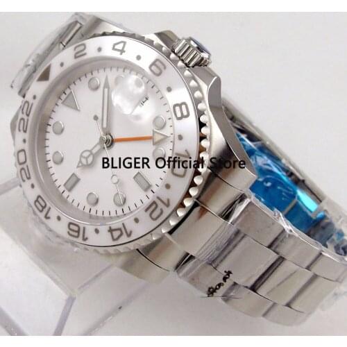 Sapphire Crystal BLIGER 40mm White Sterile Dial Orange GMT Pointer Luxury Brand Ceramic Bezel Automatic Movement Mens Watch B13