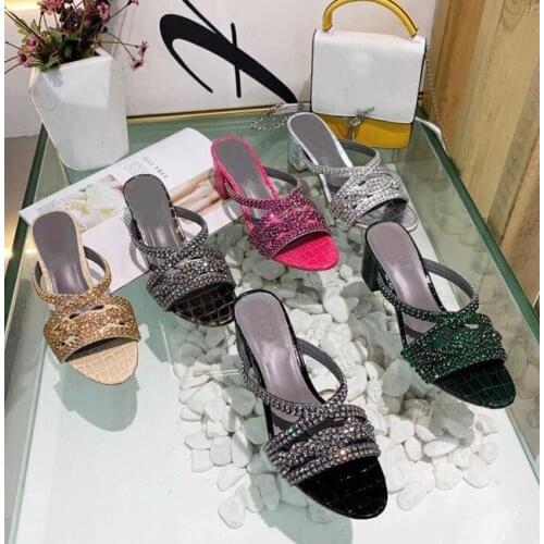 INS Slippers Women High Heels Zapatillas Mujer Leather Femmes Sandales Luxury Slides Crystal Outdoor Mujer Bombas Size 35-42