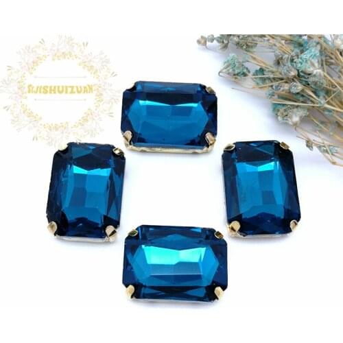 Peacock blue Rectangular Crystal Glass Sewing Rhinestones with gold Claw Rhinestones for Diy wedding Dress and Bags