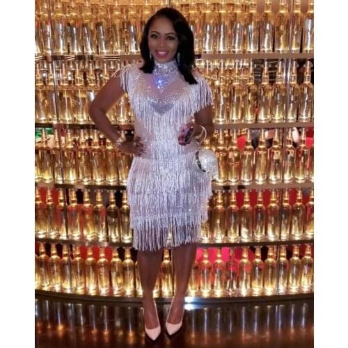 High Quality Sliver Off The Shoulder Tassel Knee Length Dress Night Club Party Dancer Costumes
