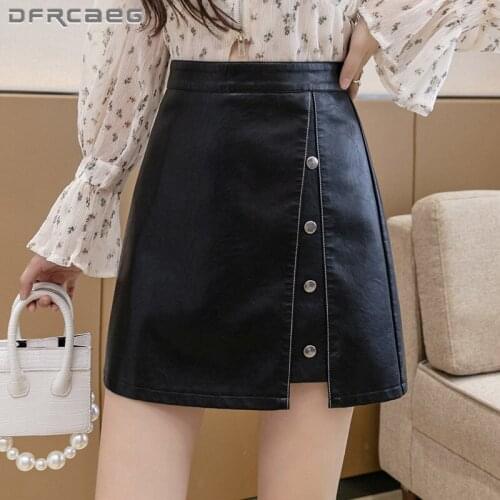 High Waist Sexy Black Pu Leather Short Skirt Womens 2021 New Autumn Winter Split Rivets A-line Skirt Female