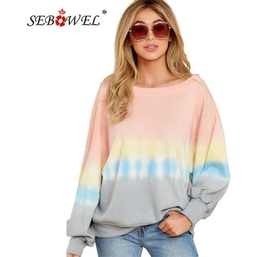 SEBOWEL Casual Womens Round Neck Tie-Dye Print Oversized Sweatshirt Autumn Spring 2020 Fashion Female Loose Style Top S-XXL