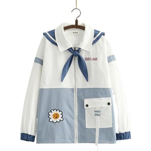 Floral Embroidery Pockets Women Jackets 2020 Autumn Loose Sailor Collar Zippers Long Sleeves Cotton Casual Kawaii Coats Outwears