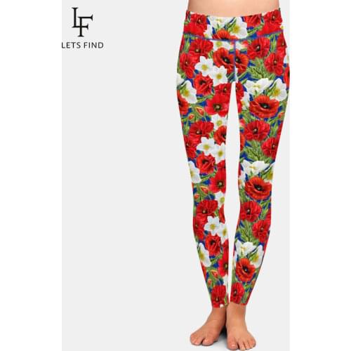 LETSFIND 2021 High Quaility New 3D Poppies Flowers Print Women Leggings High Waist Plus Size Fitness Slim Soft Stretch Legging
