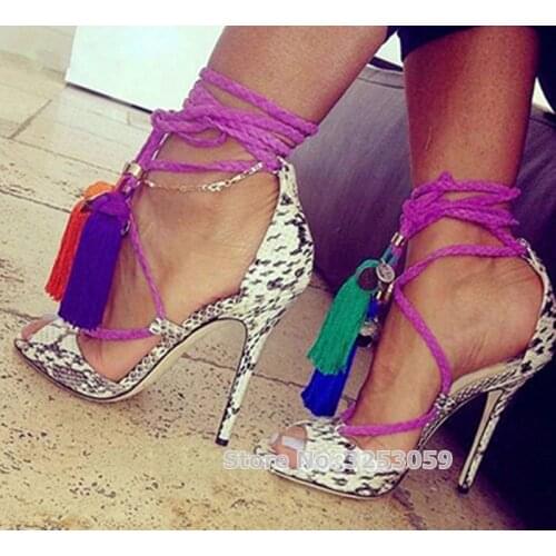 ALMUDENA Women Sexy Grey Snakeskin Fringe Sandals Rope Cross Lace-up Tassel Shoes Coin Embellished Metal Decoration High Heels