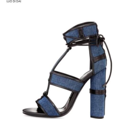 2020 new women round heels party shoes summer gladiator sandals denim sandals lace up high heels open toe white sandals