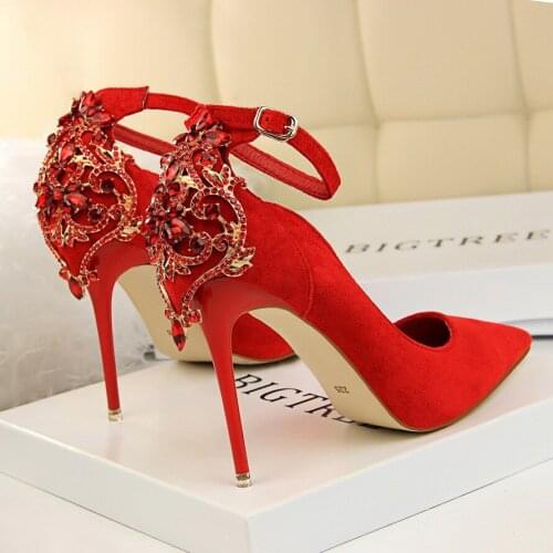 Women high heels Ankle buckle strap shoes Female Sexy Stiletto Bling rhinestone cover heel Drill Fashion Red Wedding pump