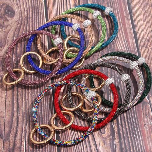 Flatfoosie New Shiny Crystal Key Chain For Women Girls Custom Circle PU Leather Wristlet Keychain Wholesale Accessories Gifts