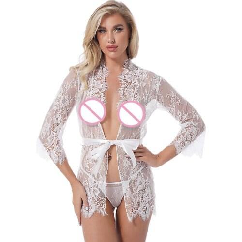 Women Sexy Lingerie Sets Solid Color See-through Lace Long Sleeves Night-robe Chemises with Briefs Thongs Sissy Party Clubwear