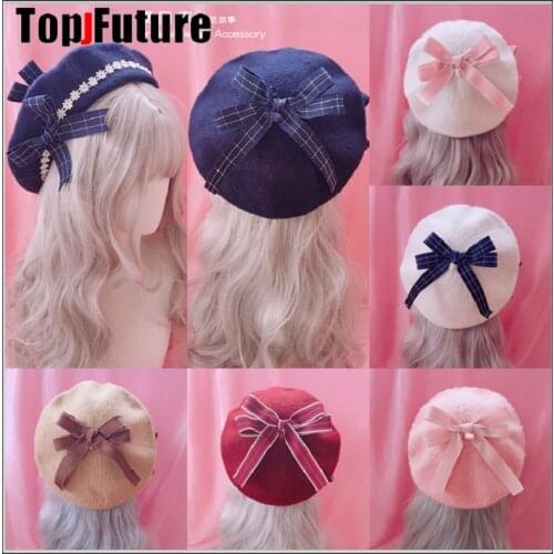 Girl women Handmade Women Wool Lolita Beret Hat Raised Grain Bowknot Painter Beanie Cap gift