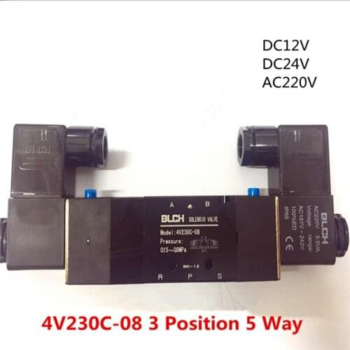 1x 1/4'' Ports 4V230C-08 3 Position 5 Way Air Solenoid Valve DC12V/DC24V/AC220V