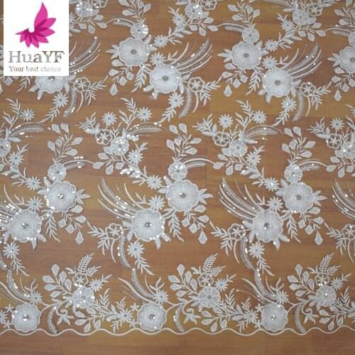 2021 French White Tulle Lace Sequence Embroidery Fabric For Wedding Dress HY1047