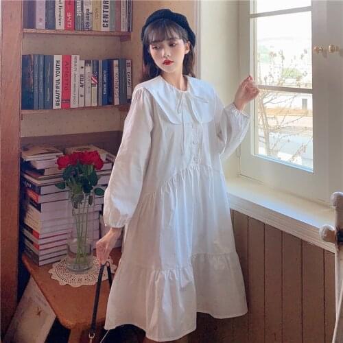 Korean Chic Autumn Temperament Dress Sweet Peter Pan Collar Bandage Bow Full Sleeve Doll Dress Cute Girly Loose Cupcake Dresses