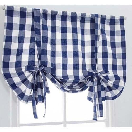 Plaid Curtains for Bar Counter Kitchen Tie Up Style Rod Pocket Adjustable Cornice Cafe Windows Curtain TJ3387