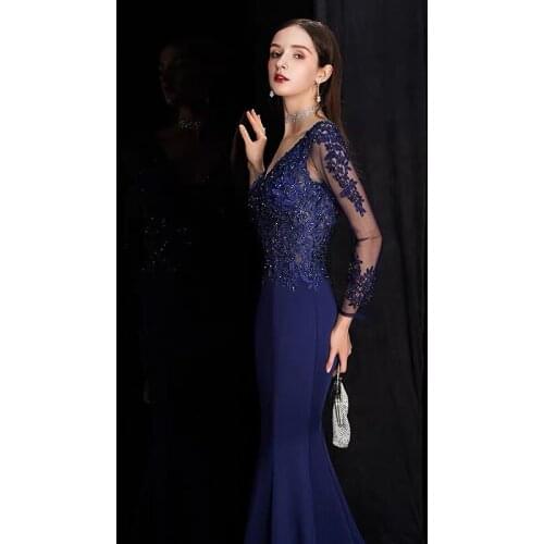 Satin Applique Evening Dresses V Neck Long Sleeves Navy Blue Beaded Mother Of The Bride Dress Mermaid Wedding Formal Party Gowns