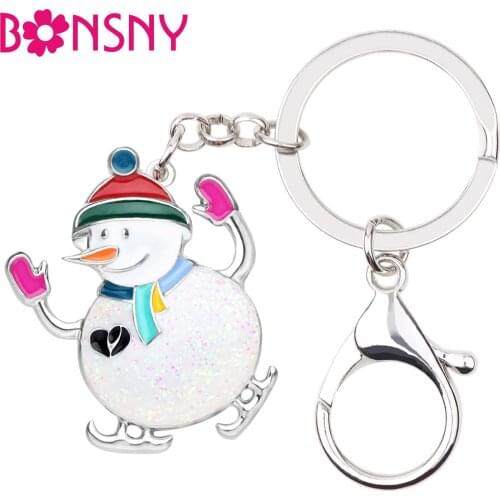 Bonsny Statement Enamel Alloy Christmas Skiing Snowman Key Chain Keychains Ring Fashion Jewelry For Women Girls Bag Charms Gifts