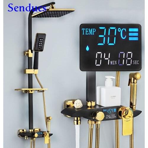Digital Shower System Senducs Black Gold Thermostatic Bathroom Faucet Quality Copper Bath Bidet for Thermostatic Shower Set