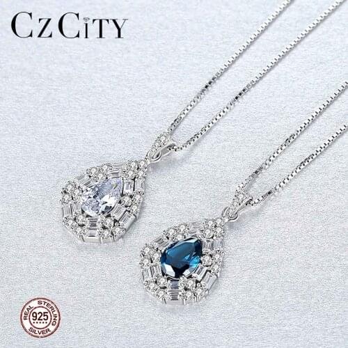 CZCITY Gorgeous 925 Sterling Silver Water Drop Pendant Necklace for Women 2 Colors Luxury Big Gemstone Wedding Necklace Jewelry