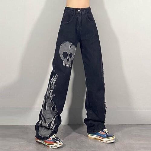 Dark streetwear Wash Jeans Womens Spring 2021 New High Waist Trendy Straight Tube Wide Leg Skeleton Gothic Punk Denim Pants