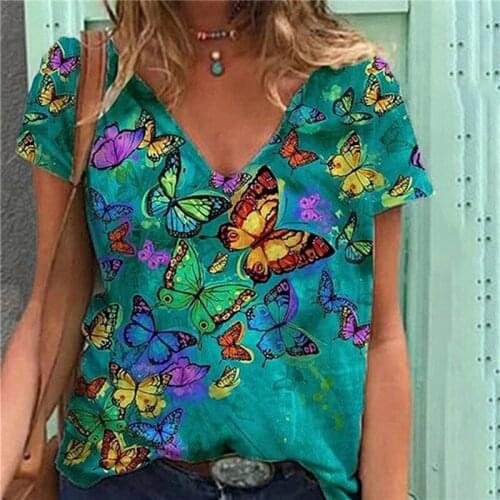 Womens Summer Fashion T-Shirt Butterflies Printed Short Sleeve Graphic Top Ladies Trendy Plus Sizet-Shirts Female Casual Tops