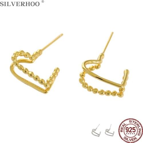 SILVERHOO S925 Sterling Silver Stud Earring For Women Korean Double Deck Heart Shape Earring Simple Temperament Fine Jewelry