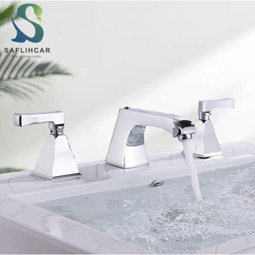 Chrome Three-piece Contemporary Basin Faucet Double Handle Hot and Cold Water Mixer Taps Deck-mounted Bathroom Basin Faucet