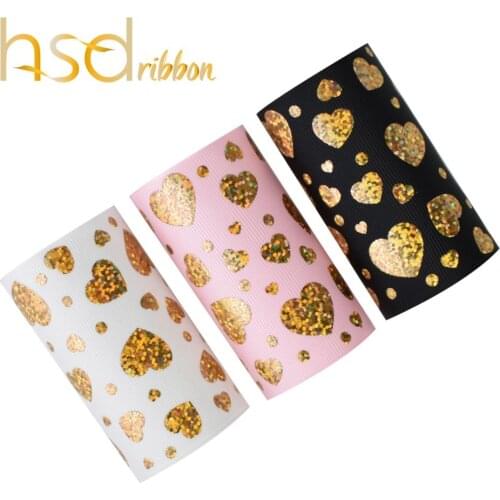 HSDRibbon 75mm 3 inch New Gold love heart Pattern foil on White Grosgrain Ribbon