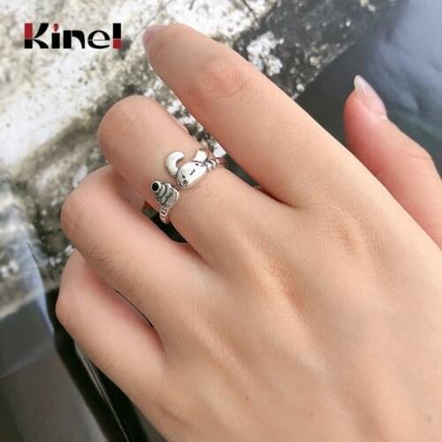 Kinel 100% 925 Sterling Silver Retro Jewelry Rabbits Ring Adjustable Opening Size Silver Ring Girls Kids Xmas Gift