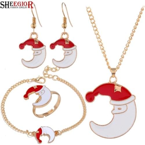 Lovely Enamel Santa Claus Dangle Earrings Ring Necklace Bracelets Jewelry Sets Merry Christmas Moon Jewelry Set Accessories Gift