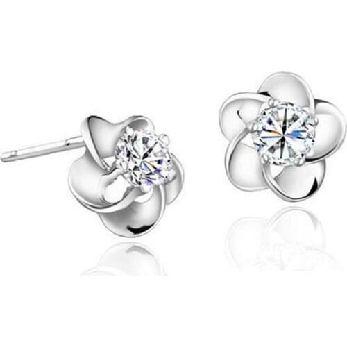 Korean Flower Stud Earrings White Purple Zircon Plum Blossom Earrings For Women Earing Silver plated color Earring Jewelry