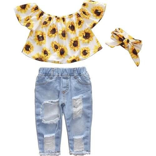 Summer Girls Clothing Set Fashion Sunflower Top And Hole Jeans + Headband 3Pcs Little Princess Suit 1 2 3 4 5 Years Kids Clothes
