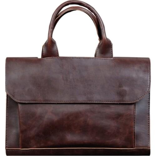 Mens Retro Portable Tide Bag Korean Mens PU Leather Crazy Horse Leather Briefcase Shoulder Messenger Business Computer Bags