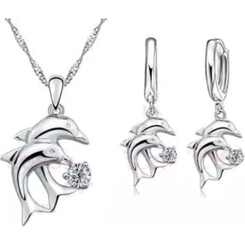 Latest Doule Dolphin Jewelry Sets 925 Sterling Silver Jewellery White Cubic Zirconia Pendant Necklace Lever Back Earring