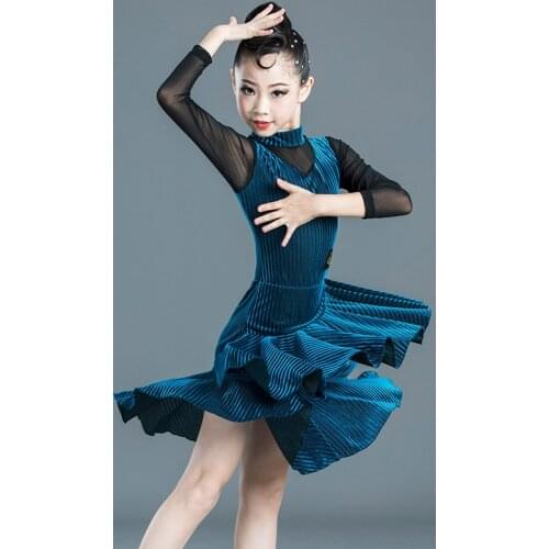 New Girls Mesh long sleeve Latin Dance Dress Children Dance Performance Competition Standard Dress Kids Dance Costumes