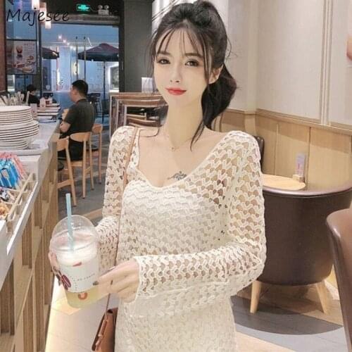 Pullovers Women V-neck Sweet Solid Summer Students Streetwear Fashion All-match Ulzzang Mujer De Mdoa Hollow Out Chic Feminine