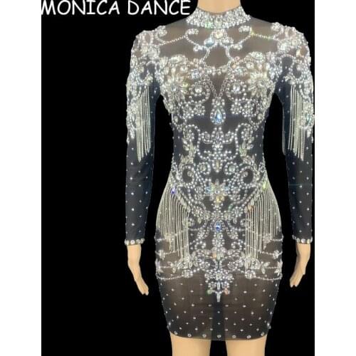 Stage Sexy Sparkly Silver Crystals Chains Mesh Dress Black Stones Fringes Female Singer Evening Birthday Party Transparent Dress