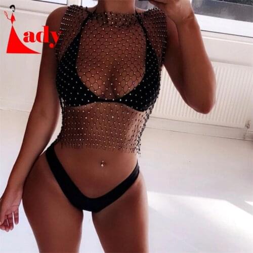 Sexy Women Sleeveless Mesh Rhinestone Fashion Crop Tops 2021 Summer Beach Party Shinny See Through Fishnet Tank Top