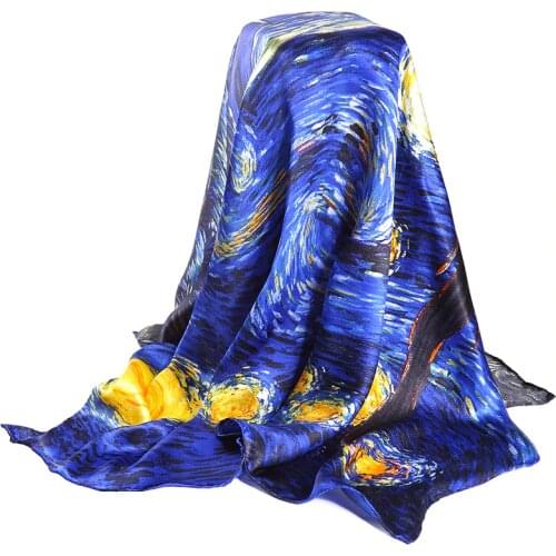Dark Blue 100% Real Silk Scarf For Ladies Brand Designer Scarves Spring Fall Van Gogh Oil Painting Square Scarves Wraps 90*90cm